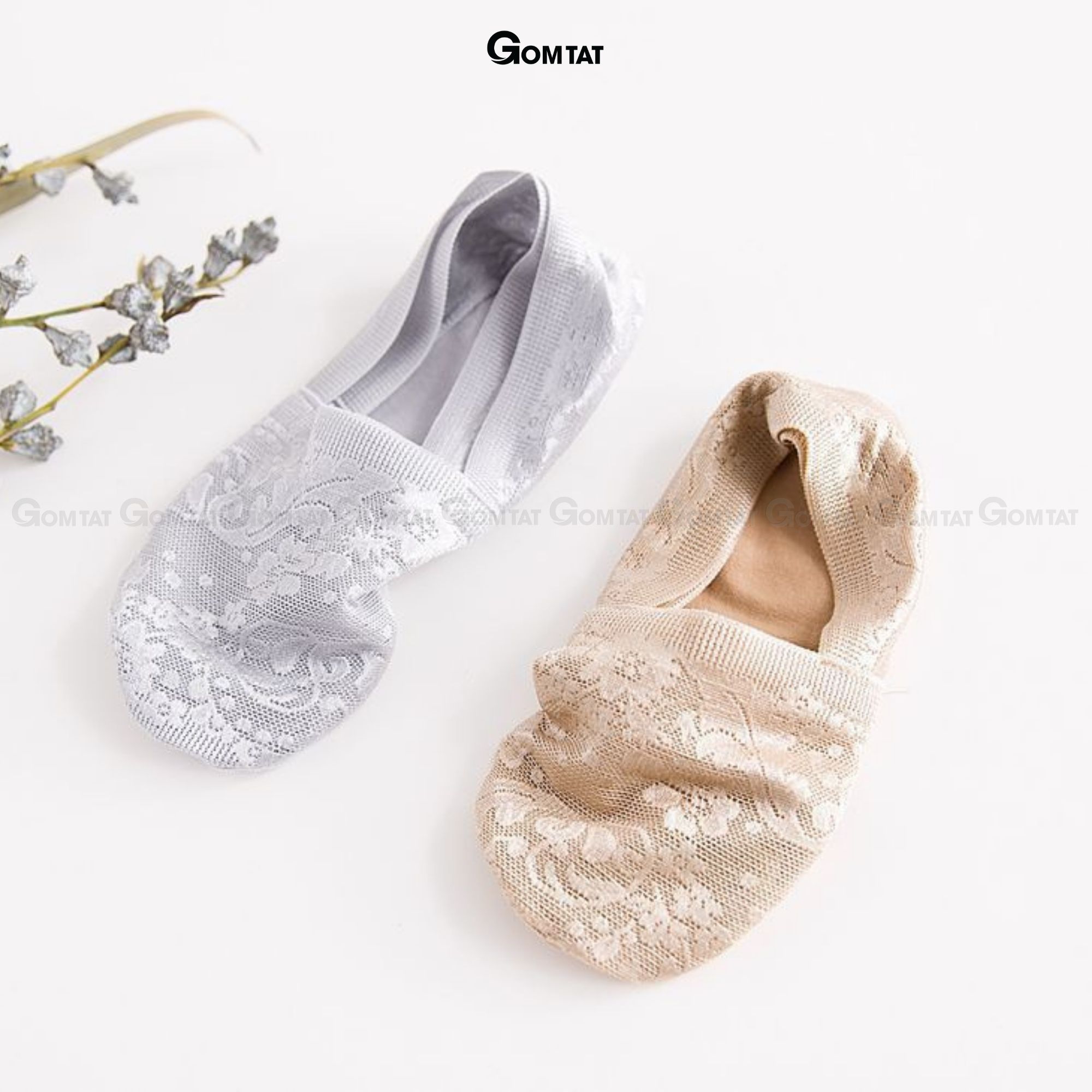 Tất nữ đi giày búp bê có bo thun chống tuột gót, vớ lười nữ chất liệu lụa phối ren cao cấp - LUAREN-PO-3028-1DOI