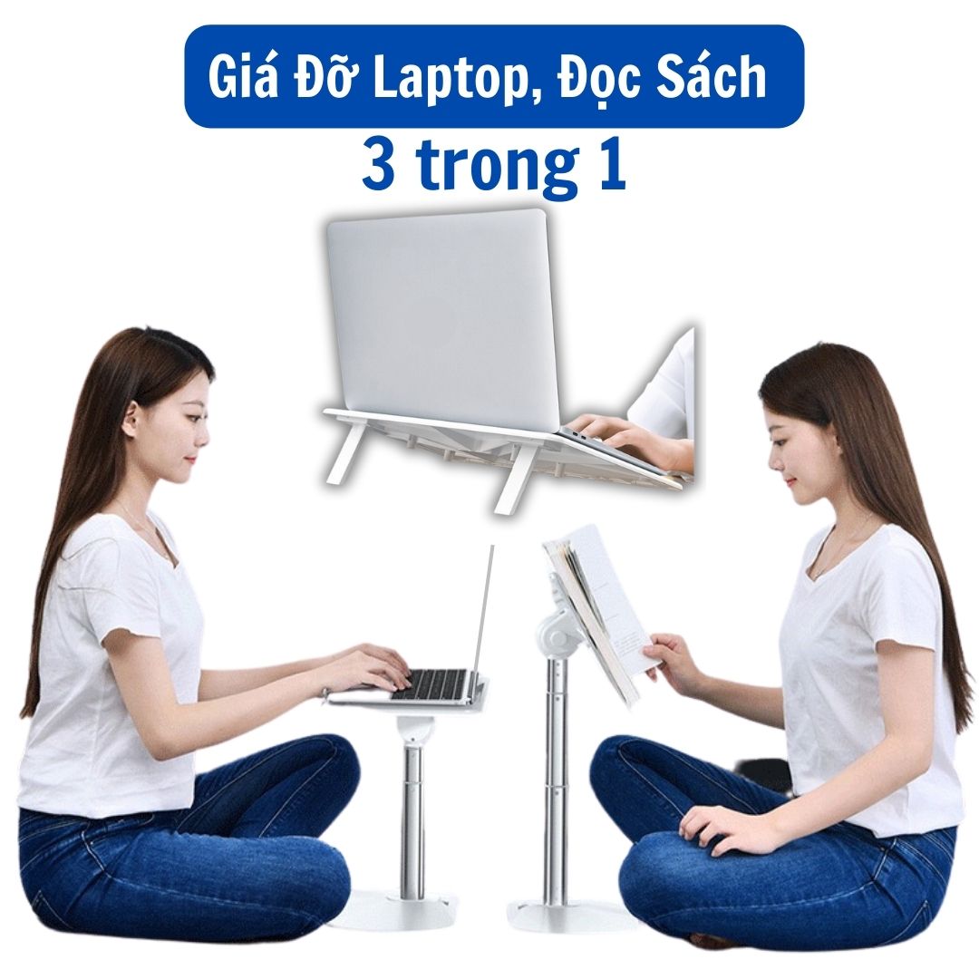 Giá Đỡ Laptop, Giá Đỡ Sách Gấp Gọn 3 trong 1 bằng nhôm - Kệ máy tính, kệ đọc sách xoay 60 độ