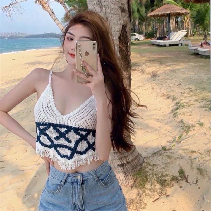 Áo 2 dây 2s len móc tua rua đi biển thêu chữ X
