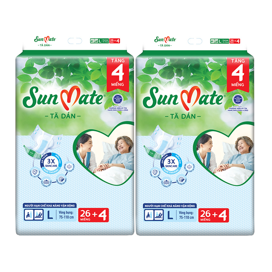 Combo 2 Tã dán người lớn Sunmate XA2 mới size L-26+4 miếng tặng kèm khăn ướt