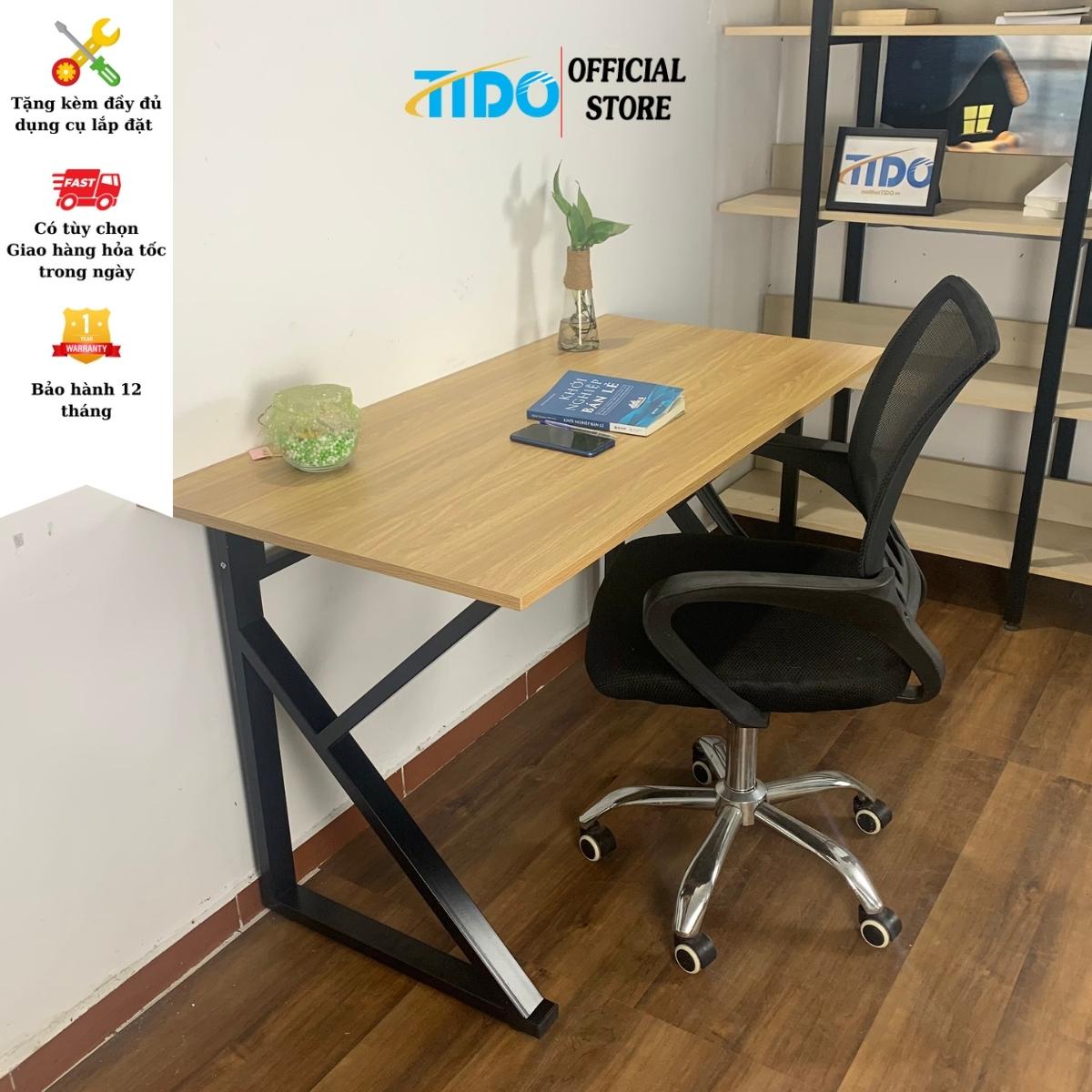 Bàn Làm Việc Chân Sắt Chữ K Đơn Giản Tido - Mặt 17Mm Mdf Melamine - Chân Sắt Hộp Tĩnh Điện 25X50Mm - Thùng Full Phụ Kiện - 100X50X75Cm - Vân Gỗ