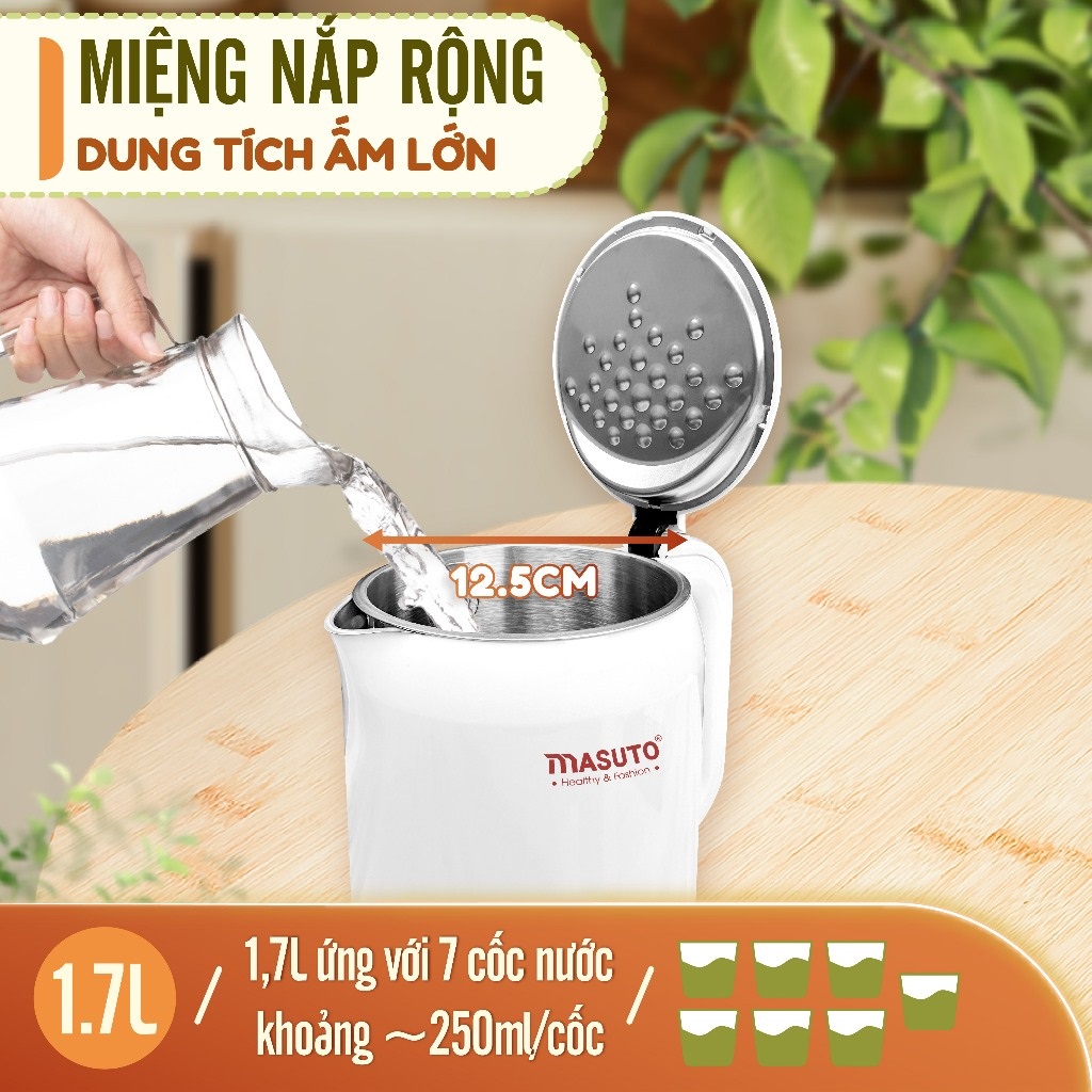 Ấm siêu tốc Sothing Masuto 1,7L MS Nami 2 lớp giữ nhiệt chống bỏng an toàn, inox 304 nguyên khối- Hàng chính hãng