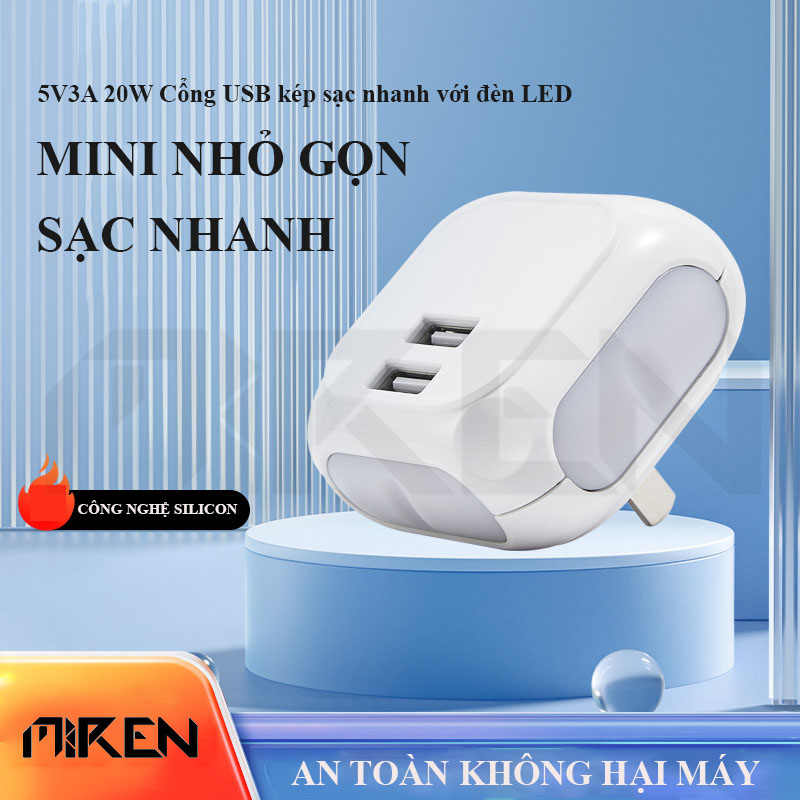 Củ Sạc Adapter 2 Cổng USB Kép Led - Sạc Nhanh 5V3A Công Suất 20W - Hàng Chính Hãng