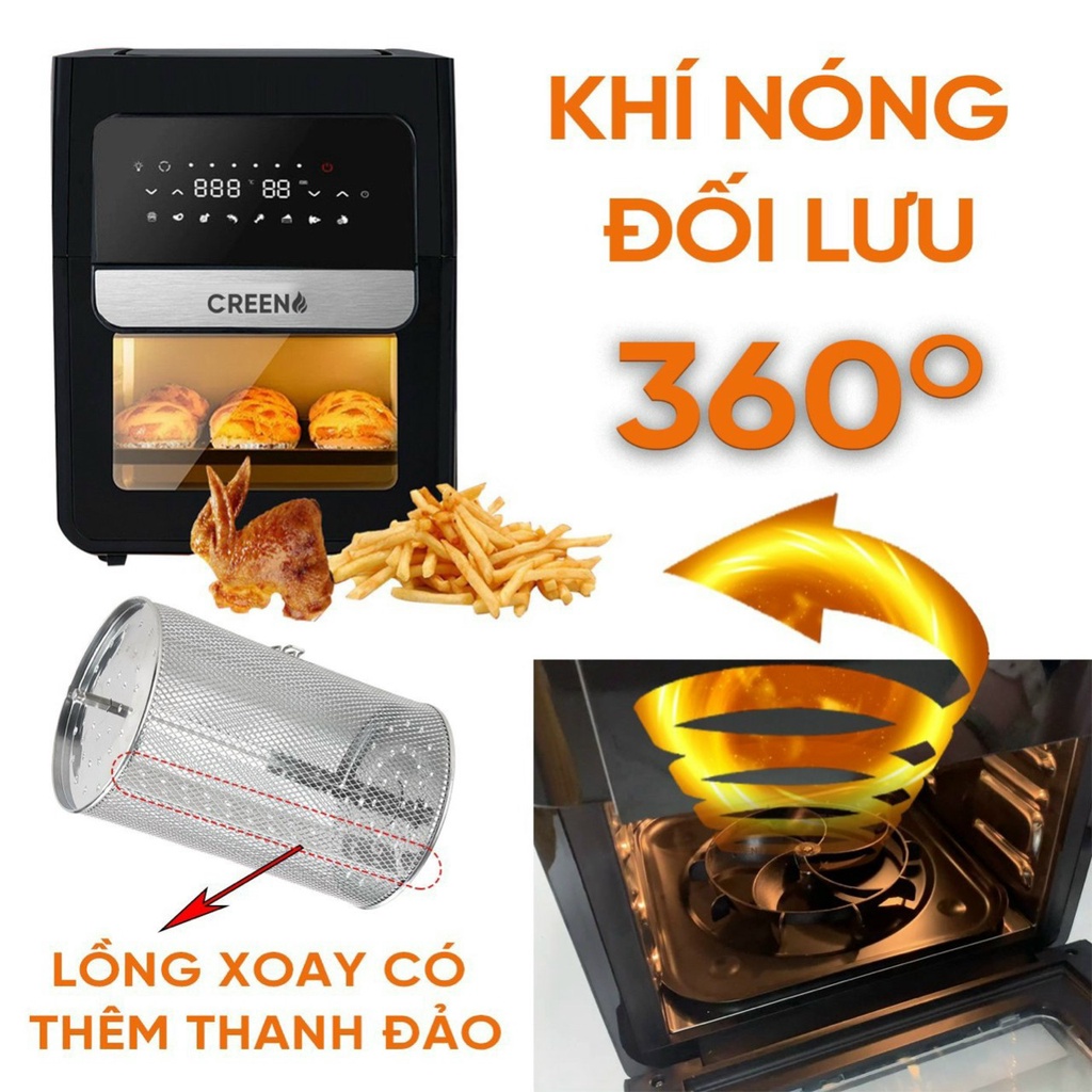 Lò chiên Không Dầu Đối Lưu, Nồi Chiên Không Dầu 12 Lít Creen AG86B, Giảm 80% Dầu Mỡ, Màn Hình Cảm Ứng, Công Suất 1700W, Thương Hiệu Tây Ban Nha - Hàng chính hãng