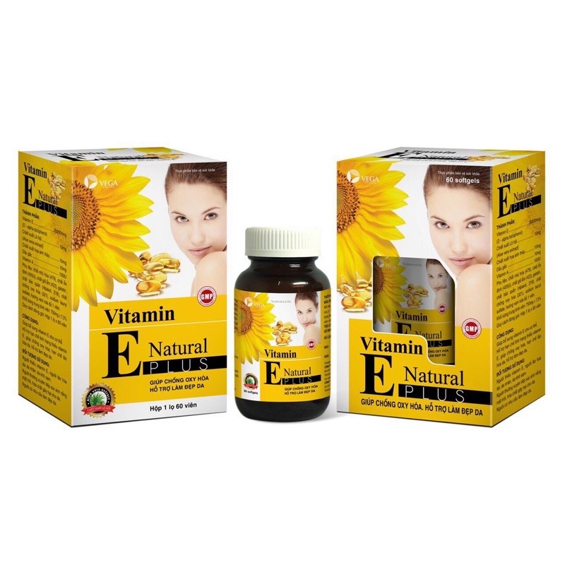 ￼VITAMIN E  Natural Plus - Lọ 60 viên - Viên uống Đẹp da, Chống lão hóa , Tái tạo da, Sáng da