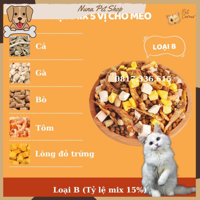 Hạt mix cao cấp cho mèo trộn thịt bò, gà, tôm, cá, lòng đỏ trứng, rau củ quả - Thức ăn hạt cho mèo kén ăn