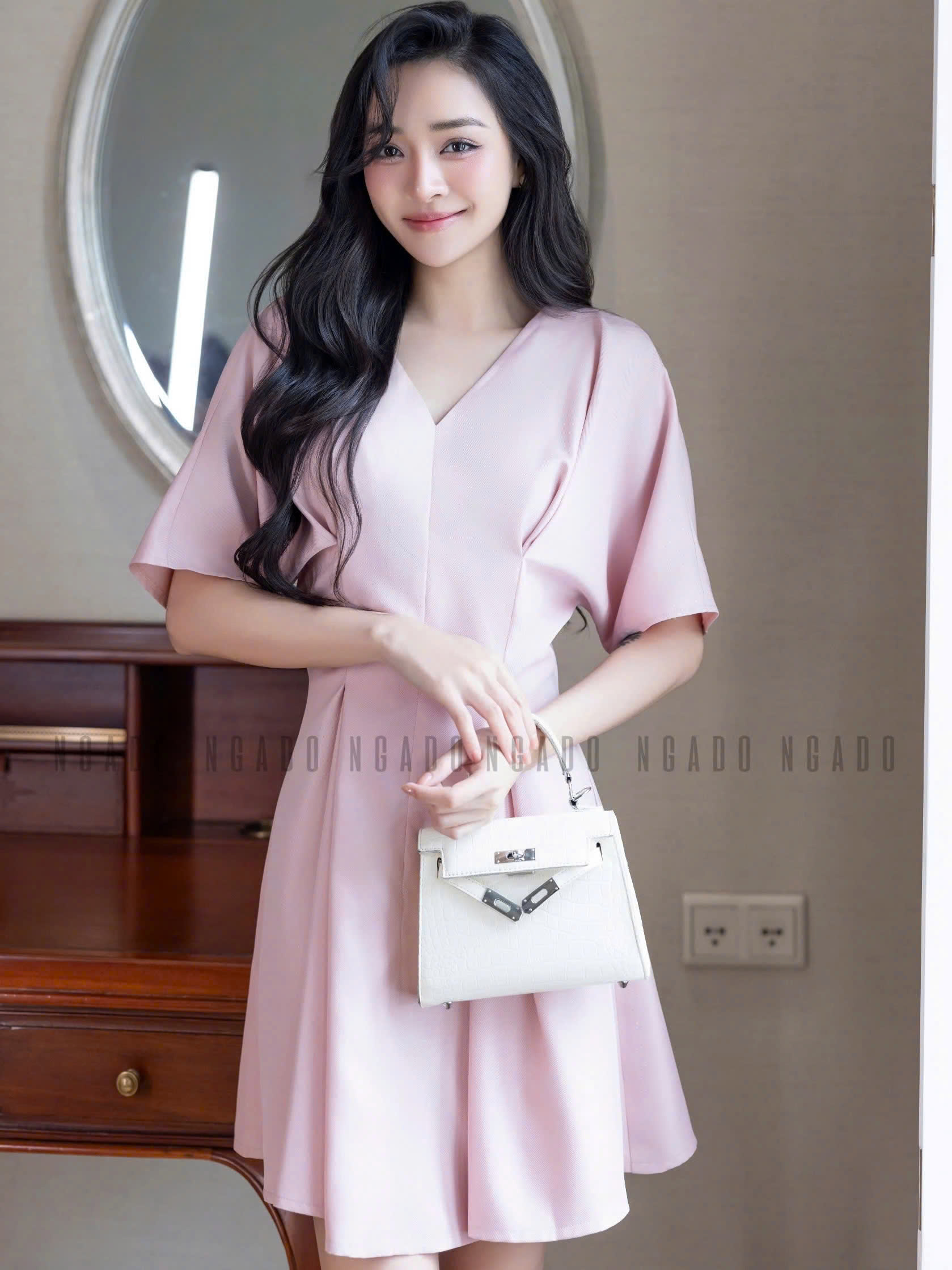 Đầm hồng eo xếp ly NGADO , đầm Nữ , đầm ngắn , đầm công sở , dự tiệc