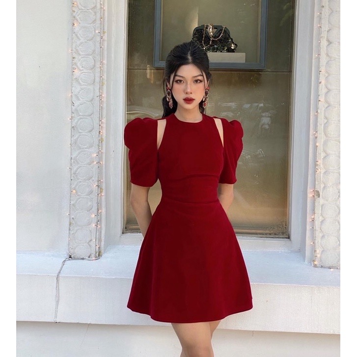 Đầm nhung khoét vai 2 màu sang chảnh