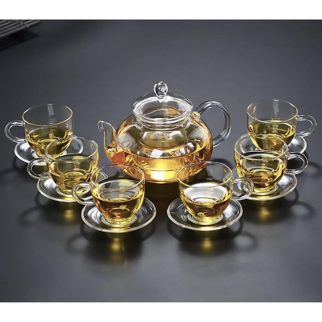 Bộ ấm chén thủy tinh pha trà 600ml kèm 6 đĩa lót tách