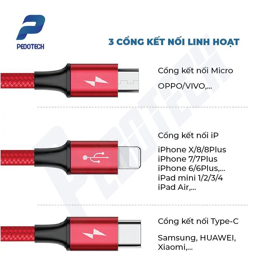 Cáp sạc 3 đầu PEDOTECH đa năng với cổng sạc AN TOÀN, sạc NHANH, kết nối nhiều dòng điện thoại, BẢO HÀNH 6 THÁNG