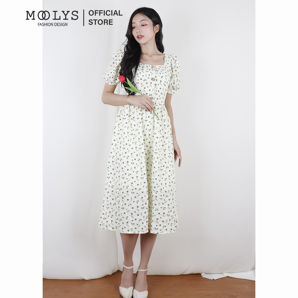 Đầm dài hoa nhí cổ vuông tay phồng dễ thương Moolys MD005