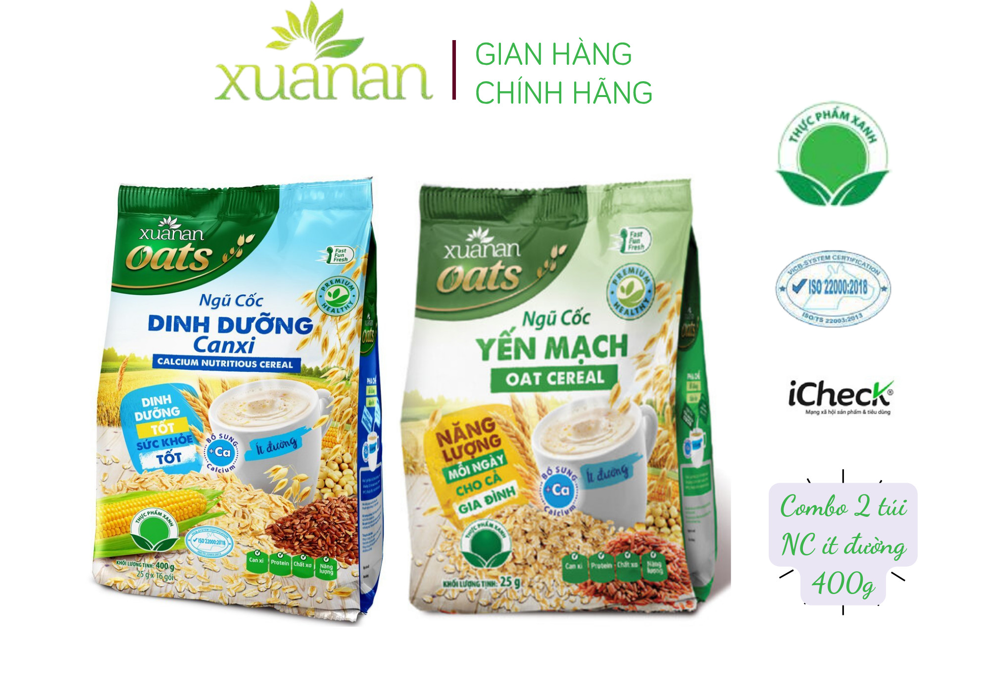 Combo Ngũ Cốc Dinh Dưỡng Canxi 400G + Ngũ Cốc Yến Mạch 400G [ít đường]