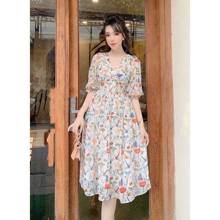 GunKayMatter Đầm Voan Xòe Họa Tiết Hoa Cổ V Tay Phồng Ôm Eo Dễ Thương