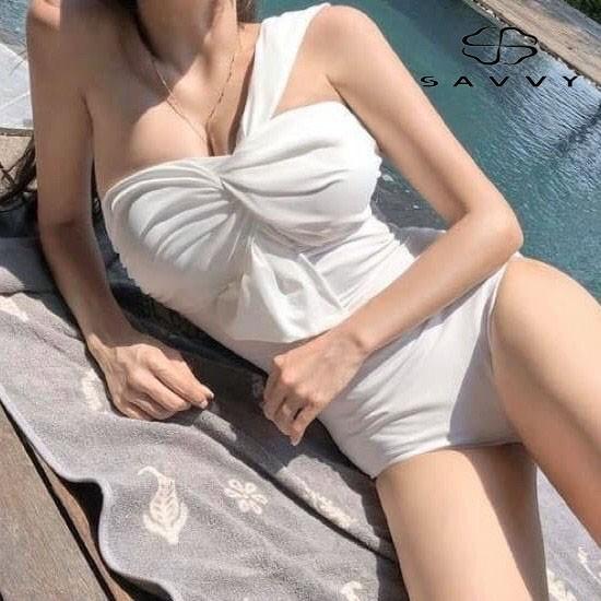 Bikini Liền Thân Lệch Vai Phối Nơ Ngực, Áo Tắm 1 Mảnh Đi Biển Hàn Quốc