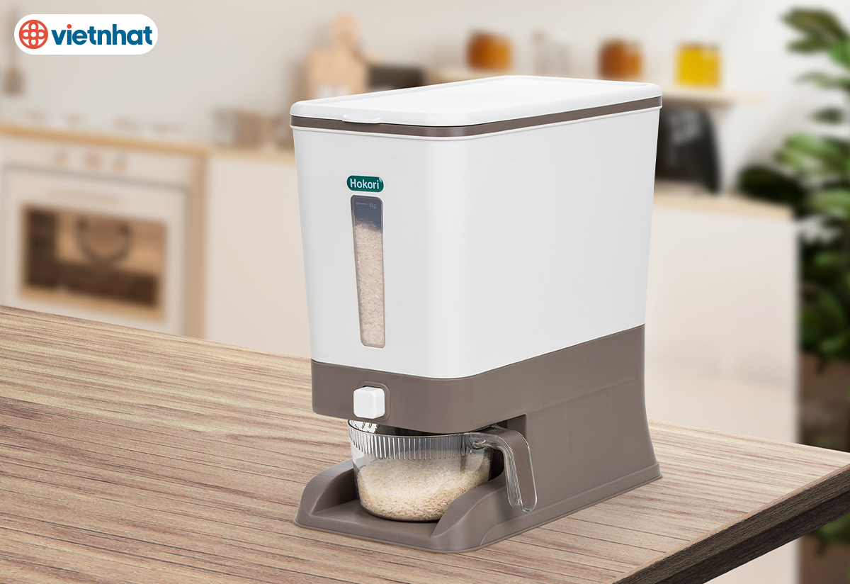 Hộp đựng gạo - Thùng đựng gạo tiện ích 10kg Hokori Việt Nhật Có Nút bấm lấy gạo tự động Tặng Kèm Ca Đong Gạo - Hàng Việt Nam