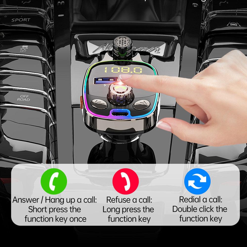 Car MP3 Music Player BT Wireless FM Transmitter Radio Adapter USB/PD Car Charger 7 Colors LED Backlit Support TF Card