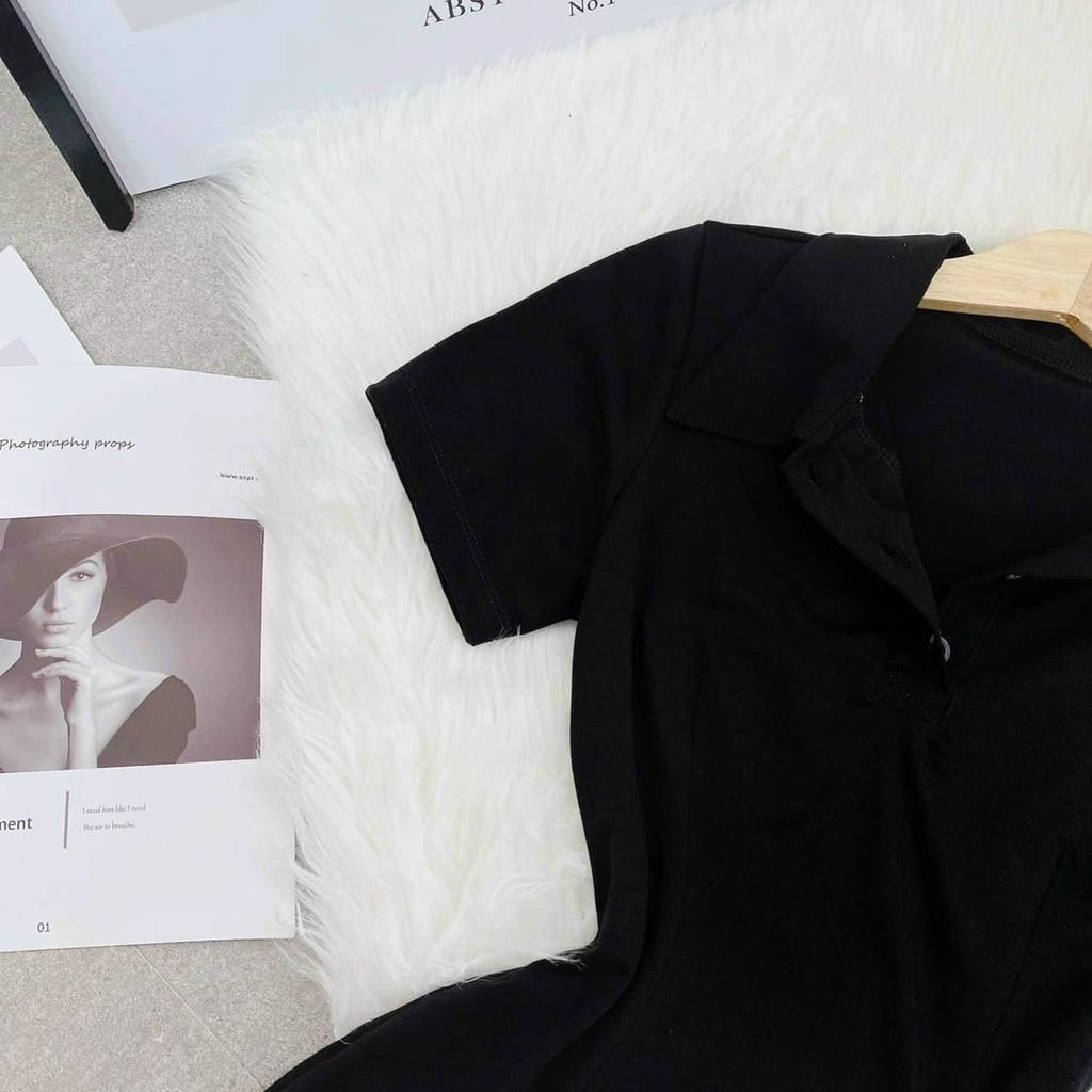 Đầm đen cổ polo ôm body xẻ dáng basic năng động