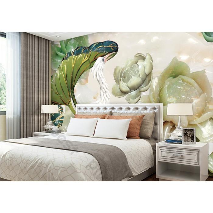 Tranh dán tường Tranh trang trí chim hồng hạc hoa sen nổi bật, tranh 3d dán tường hiện đại MS621699