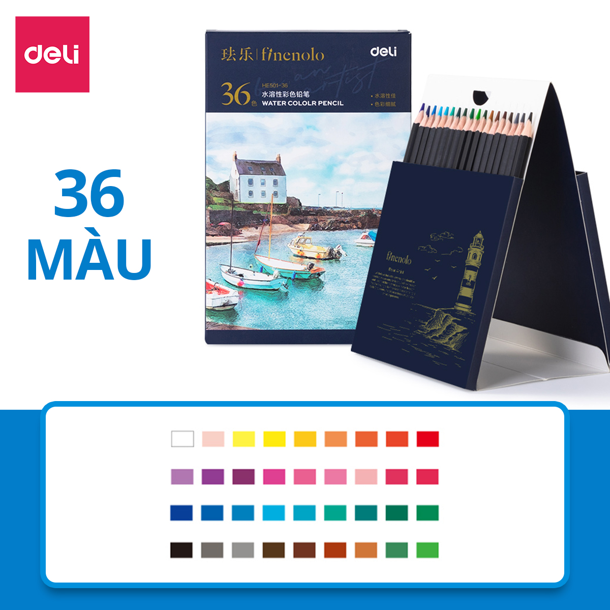 Bút Chì Màu Gốc Nước Chuyên Nghiệp Deli Kèm Cọ Vẽ - 36/48/72 Màu Thiết Kế Tô Vẽ Tranh Phác Thảo Học Sinh