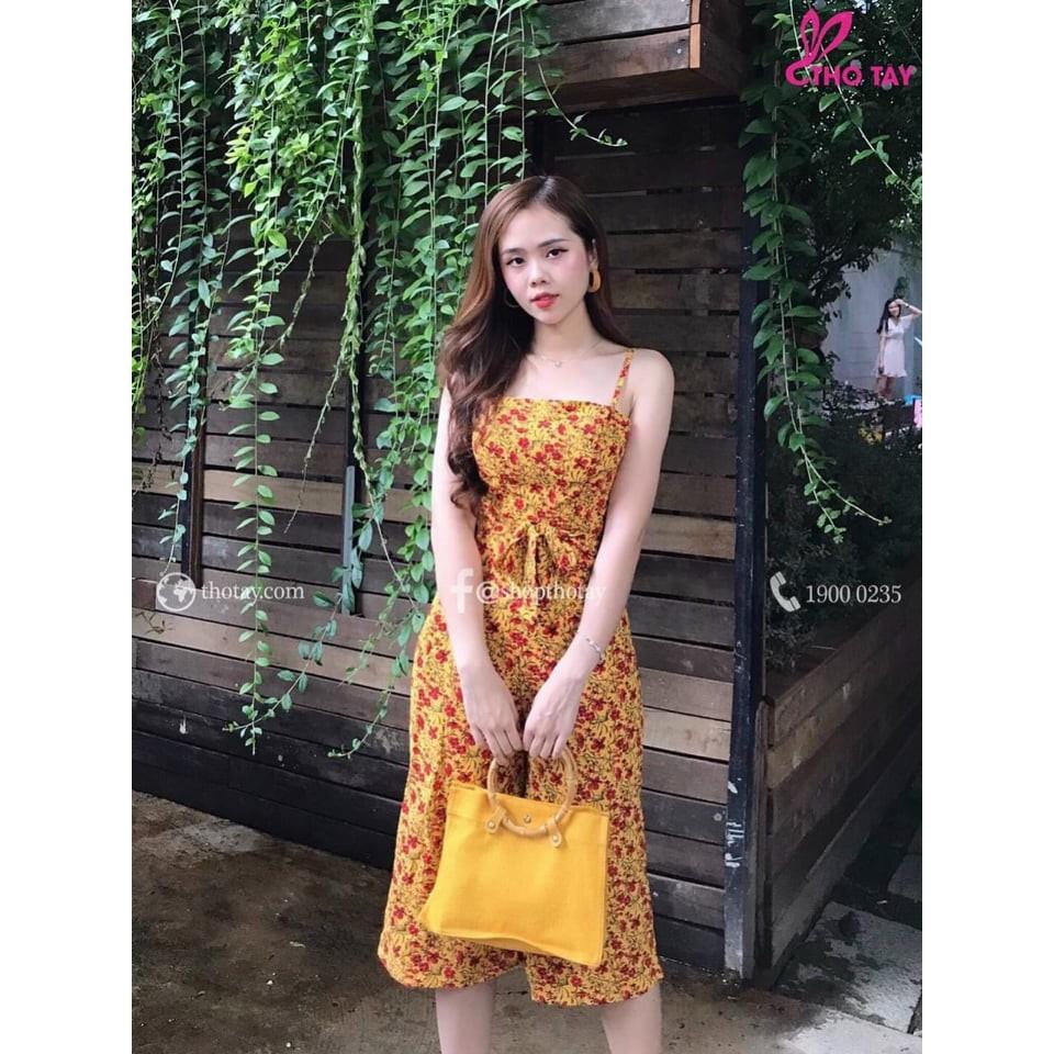 Jum lụa nữ 2 dây in hoa nhí cột nơ eo thời trang , mặc tôn dáng