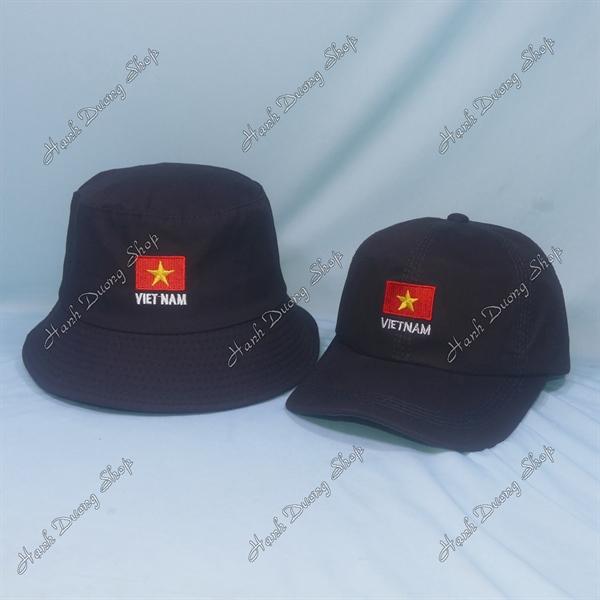Set Nón Cặp Bucket &amp; Cap thêu lá cờ Việt Nam (LCV01); (NSV01) - Đen