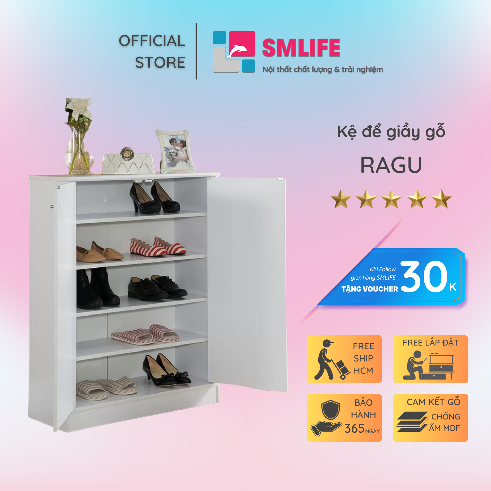 Kệ để giầy gỗ hiện đại SMLIFE Ragu | Gỗ MDF dày 17mm chống ẩm | D70xR35xC100cm