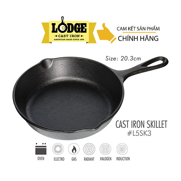 [Chính hãng LOGDE - MỸ] Chảo gang đúc chính hãng Lodge 20.3 cm - L5SK3. Chảo dùng nướng, chiên, xào, áp chảo thực phẩm