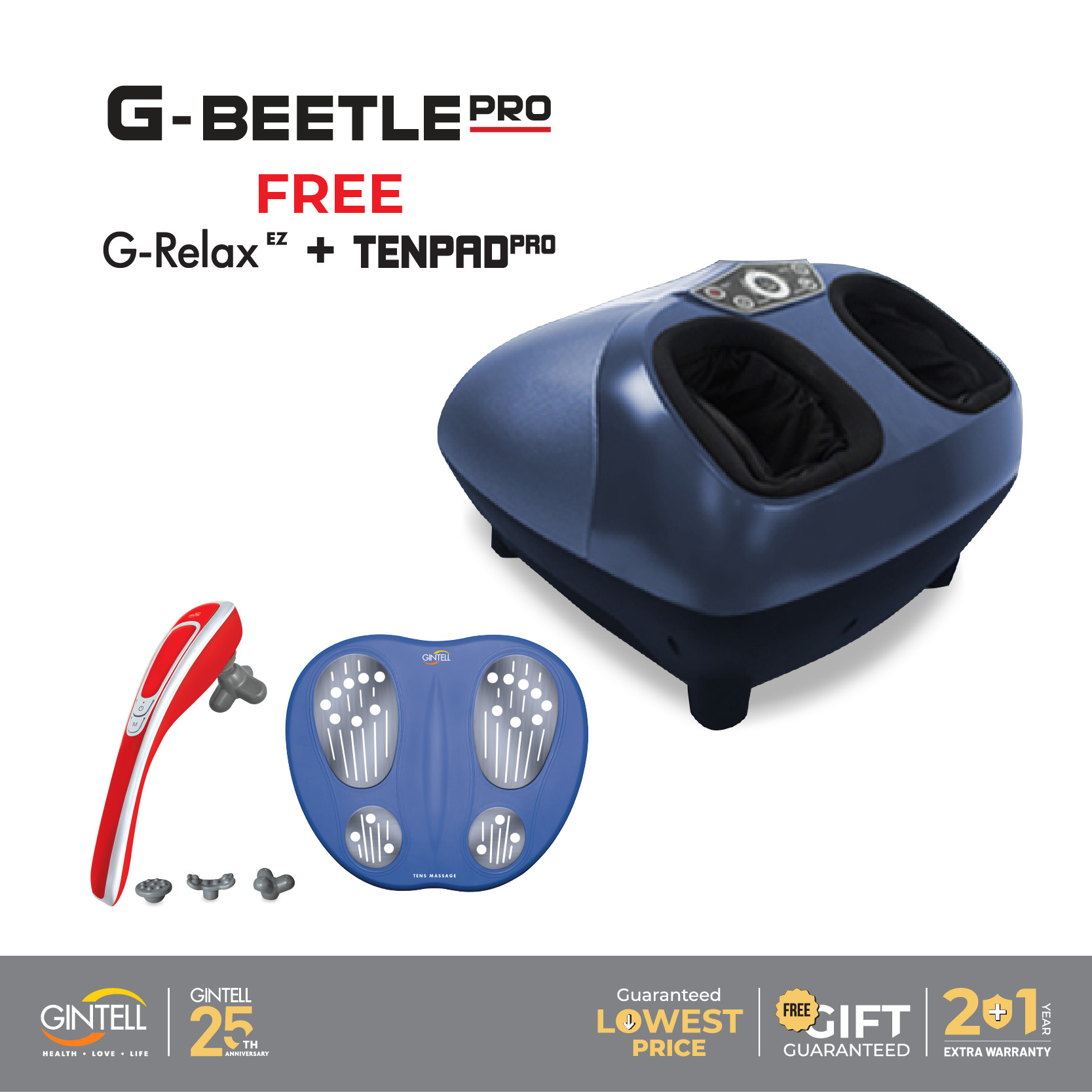 Máy Massage Chân G-BEETLE PRO tặng &quot;Máy Massage Cầm Tay G-Relax EZ + Thảm Massage Chân Ten Pad&quot;