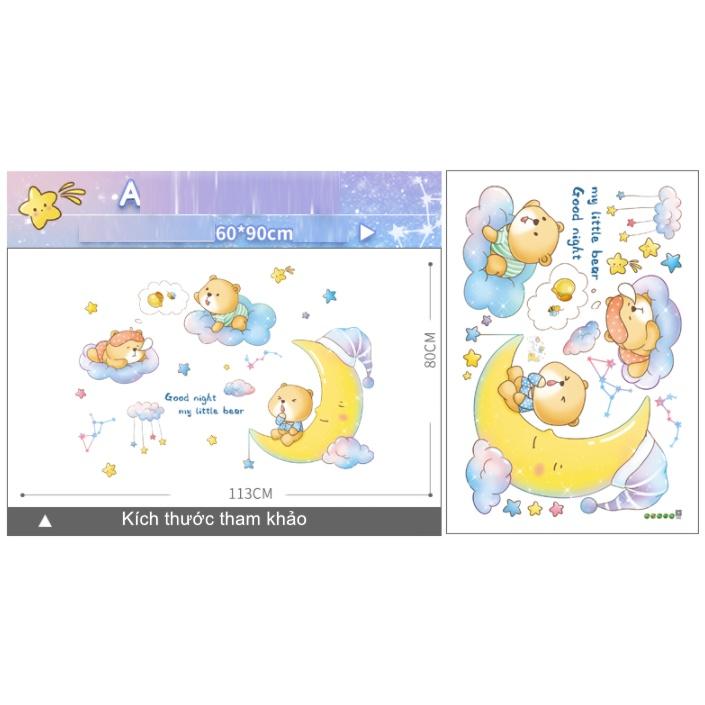 Decal trang trí tường - Em bé gấu trên mây và cung trăng