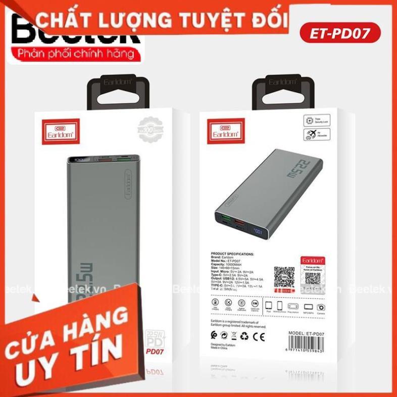 Pin sạc dự phòng Earldom PD-07 10.000mAh  sạc nhanh QC 3.0  lên tới 22.5W / Đèn Led hàng chính hãng