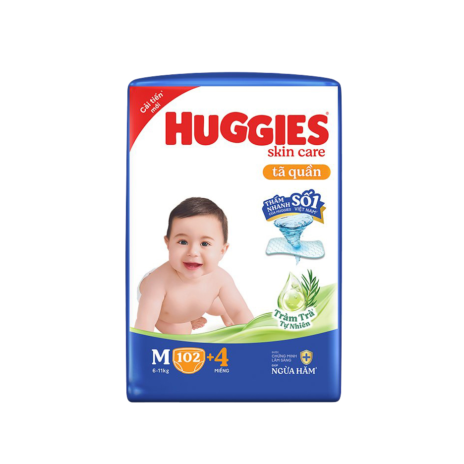 Tã/bỉm quần Huggies Skin Care Mega Jumbo M102+4 miếng với tràm trà dịu da