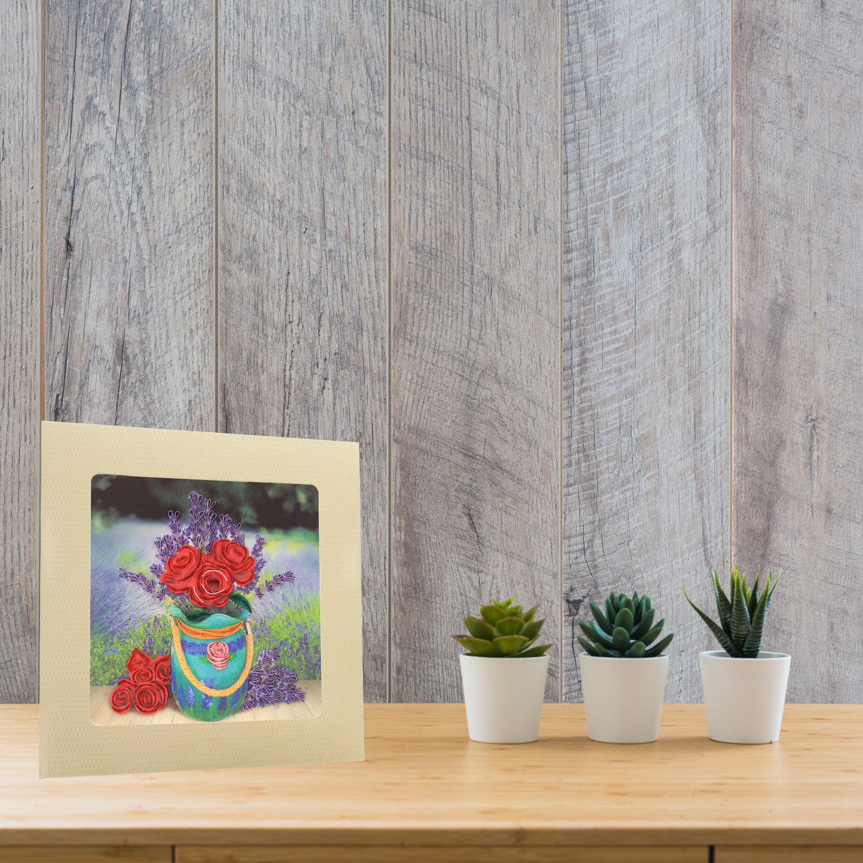 Thiệp Handmade - Thiệp Bình hoa hồng nghệ thuật giấy xoắn - Tặng Kèm Khung Giấy Để Bàn - Thiệp chúc mừng sinh nhật, kỷ niệm, tình yêu, cảm ơn...