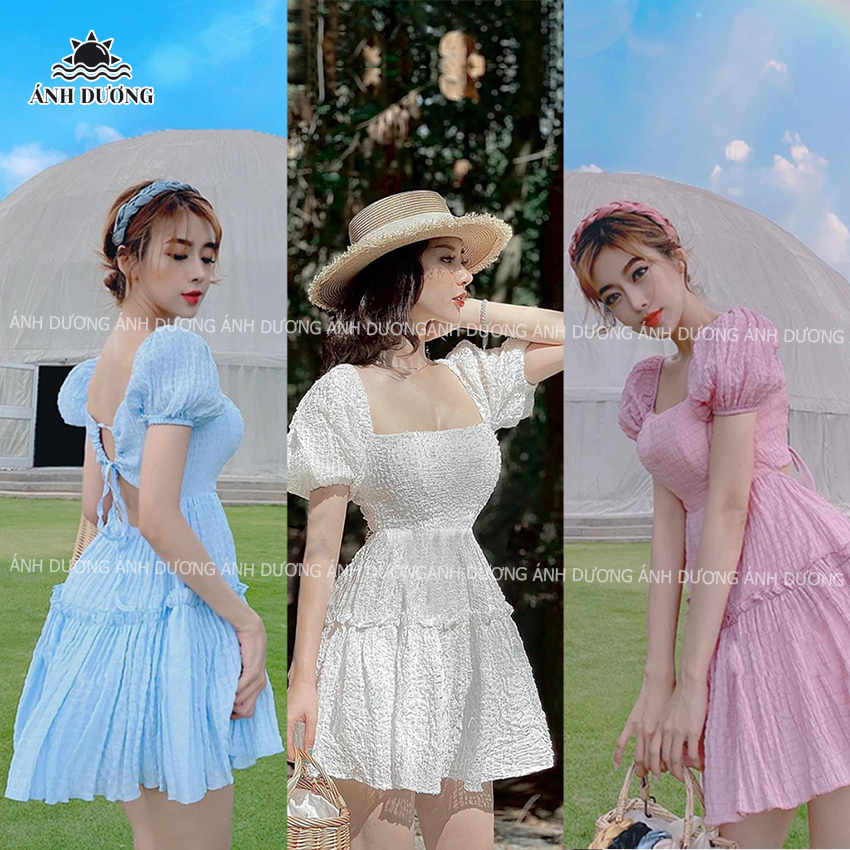 Đầm tay phồng hở lưng cổ vuông tùng xoè nhún tầng (Có mút &amp; có lót) Ánh Dương Clothing M30