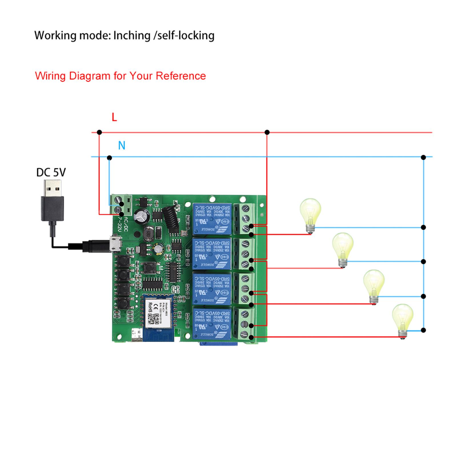 Tuya WiFi+BT 433Mhz Smart Remote Control Wireless Switch Universal Module 4ch DC 5V Wifi Switch Timer Phone APP Remote Control Support Alexa Google Home Voice Control for Smart Home