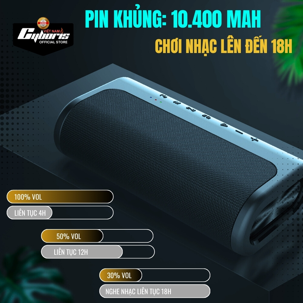 Loa Bluetooth Cyboris T9, Công suất 80W, Chống nước IPX5, Pin 10400mAh. Loa siêu Bass. Hàng Chính Hãng. Bảo hành 18 tháng