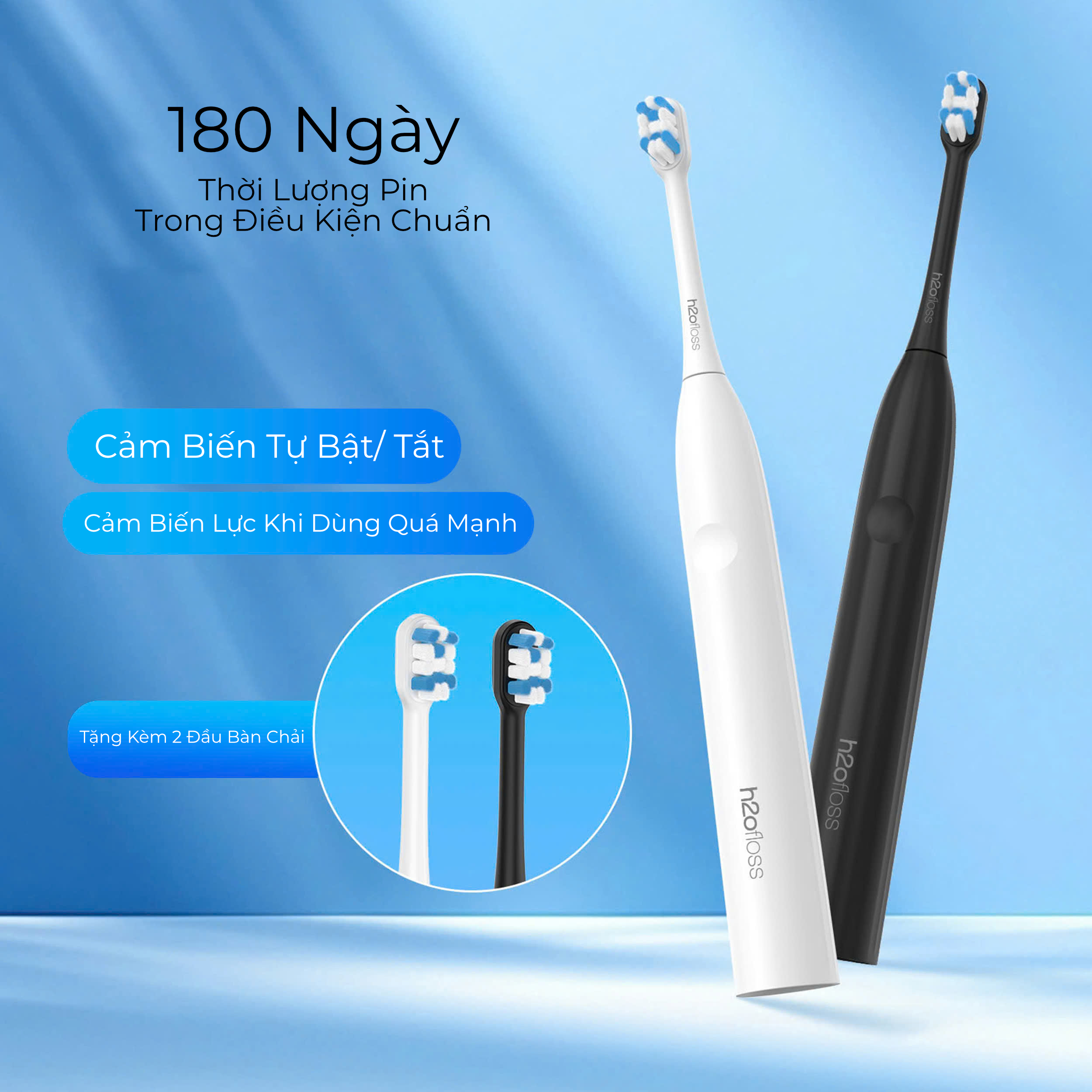 Bàn chải đánh răng điện H2ofloss BT 01, bản nâng cấp với cảm biến lực và tính năng tự bật tắt