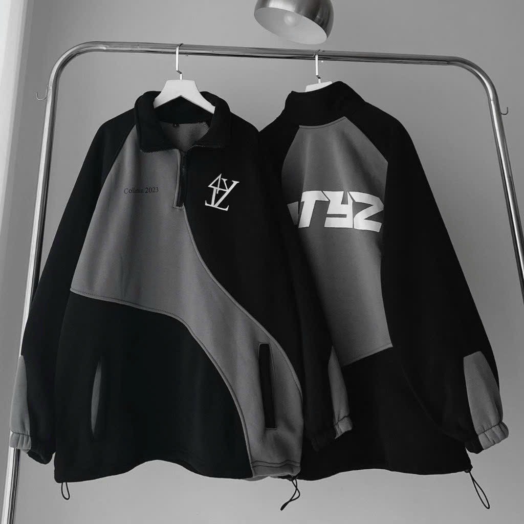 Áo hoodie phối thân mới về, cổ bẻ dây kéo nửa cổ, form rộng 80kg, vải dày mịn, chống nắng tốt. Cánh tay rộng,dây rút lai , phối tay và thân