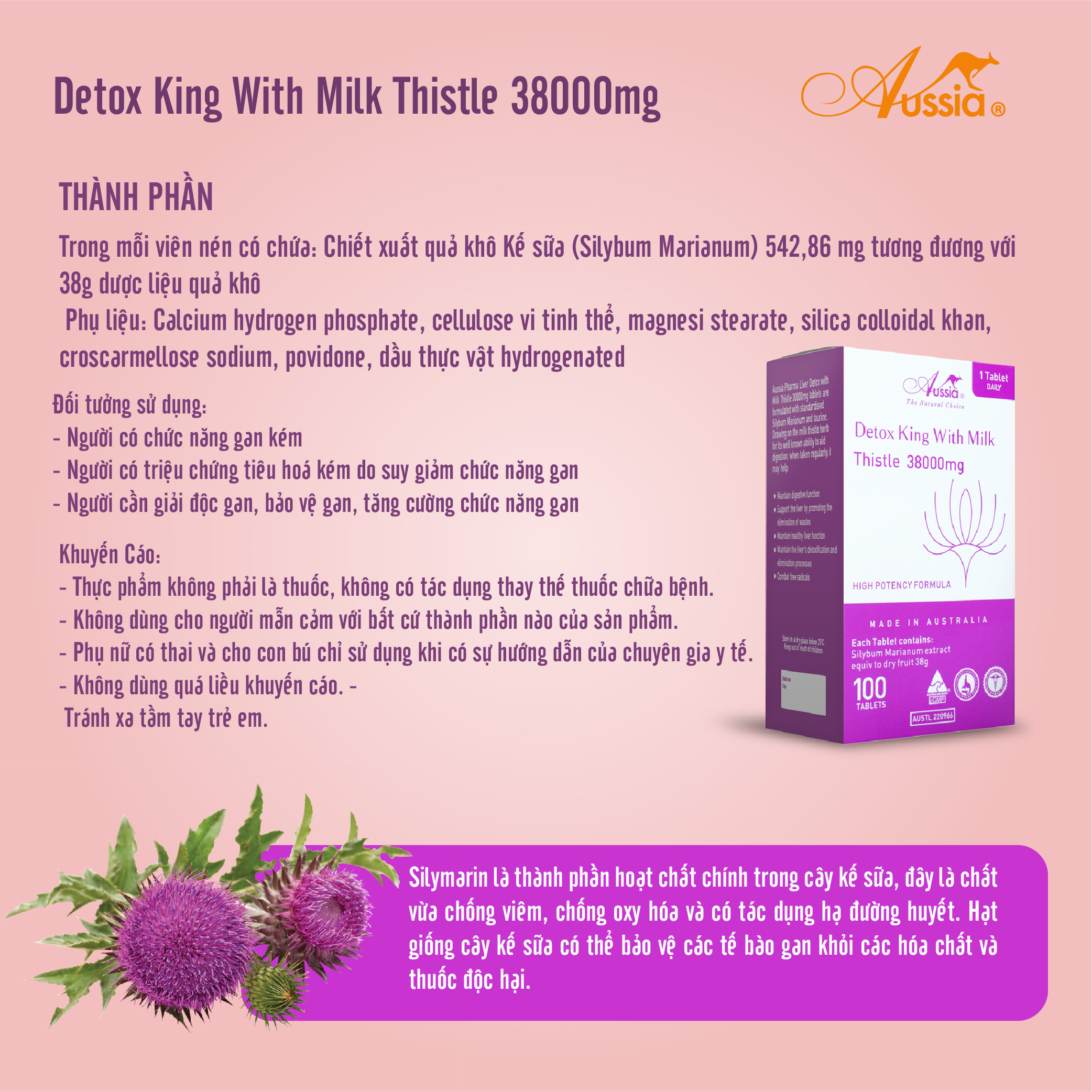 Viên uống thải độc gan hàm lượng cao Aussia Detox King With Milk Thistle