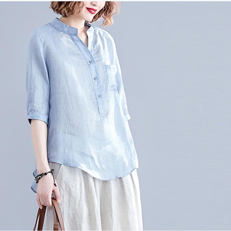 Áo sơ mi nữ cổ trụ tay lỡ trẻ trung, chất liện linen mềm mát, thời trang phong cách trẻ