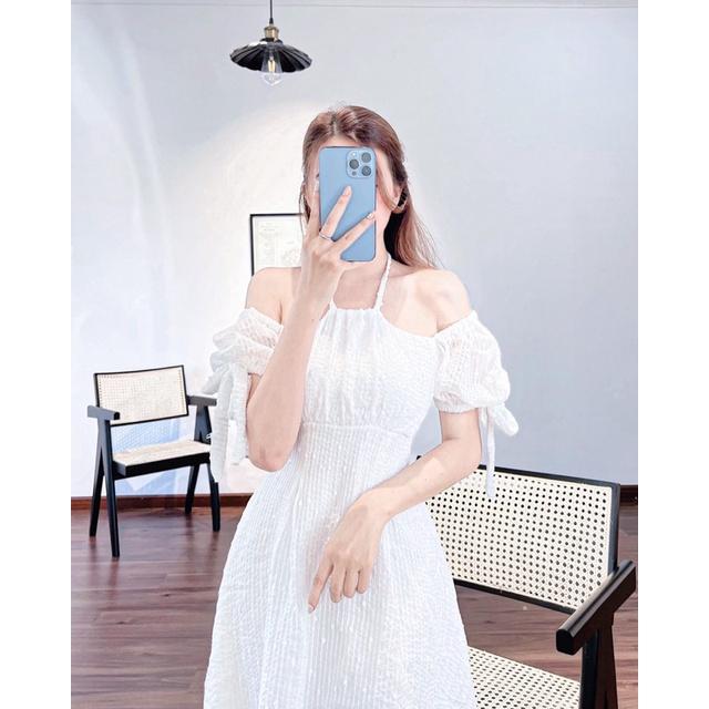 Đầm ren trắng xoè cổ dây yếm rớt vai tay phồng
