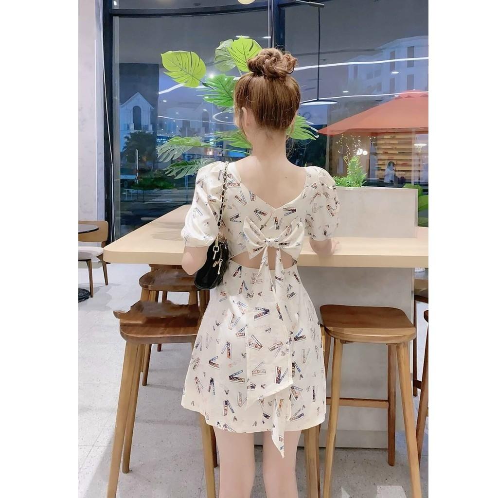 Đầm xoè lụa hoạ tiết hở lưng kèm nơ siêu xinh phù hơp đi dạo phố, đi làm