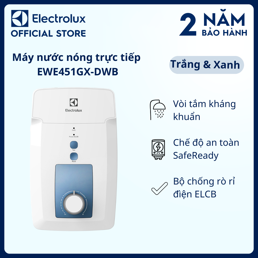 Máy nước nóng trực tiếp Electrolux 4.5kW - Trắng &amp; Xanh - EWE451GX-DWB - Chế độ an toàn, kháng khuẩn, bộ chống rò rỉ đìện ELCB [Hàng chính hãng]