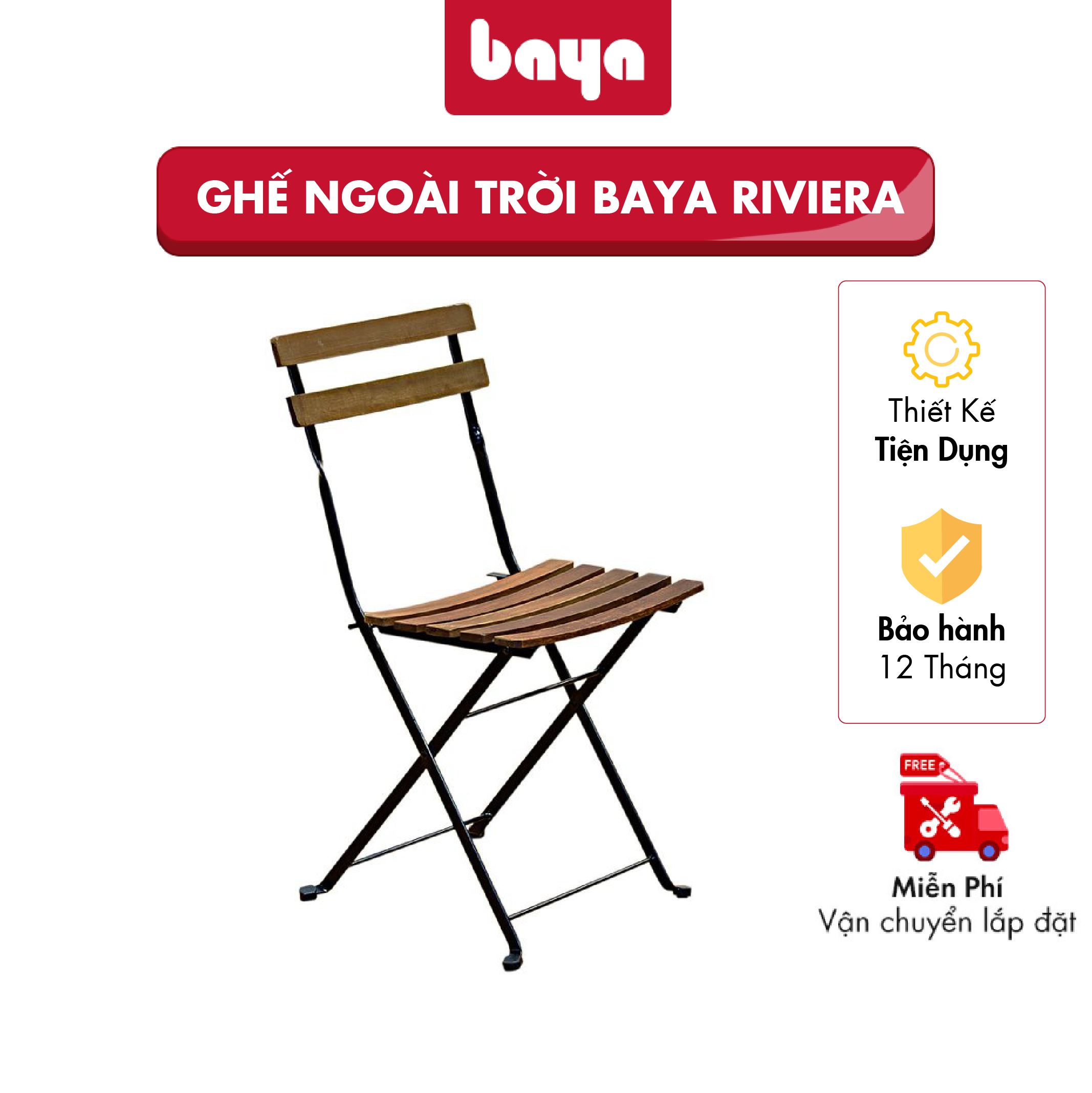 Ghế Café Gỗ Ngoài Trời Xếp Gọn Chịu Lực BAYA Riviera Thiết Kế Khung Kim Loại Bền Bỉ Sơn Màu Đen, Mặt Ghế Bằng Gỗ Keo Dẻo Dai, Ghế Cafe Dễ Dàng Gấp Gọn Và Tiết Kiệm Diện Tích 1098723