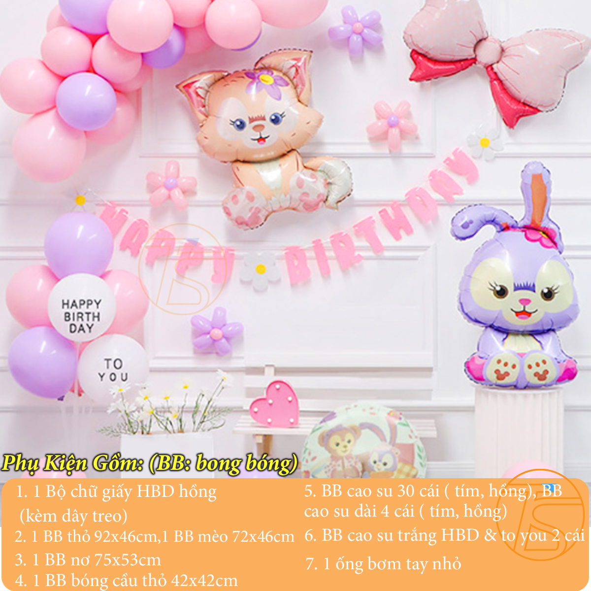 Set trang trí sinh nhật bong bóng thỏ và mèo cùng bộ chữ giấy Happy Birthday nhiều màu sắc cho bé kèm theo ống bơm