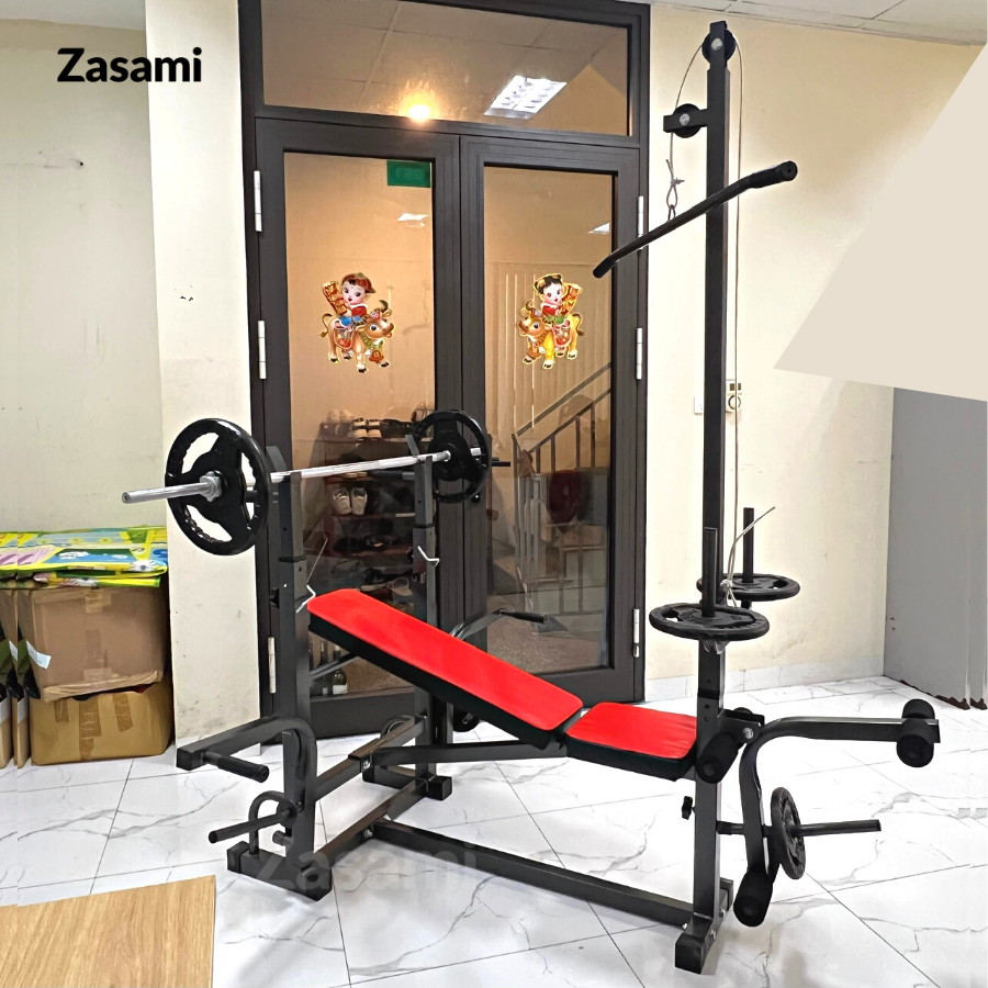 Giàn tạ đa năng 8210 Zasami kèm 50kg tạ gang , đòn tạ 1m5, 1 găng tay tập tạ ( Màu ngẫu nhiên )