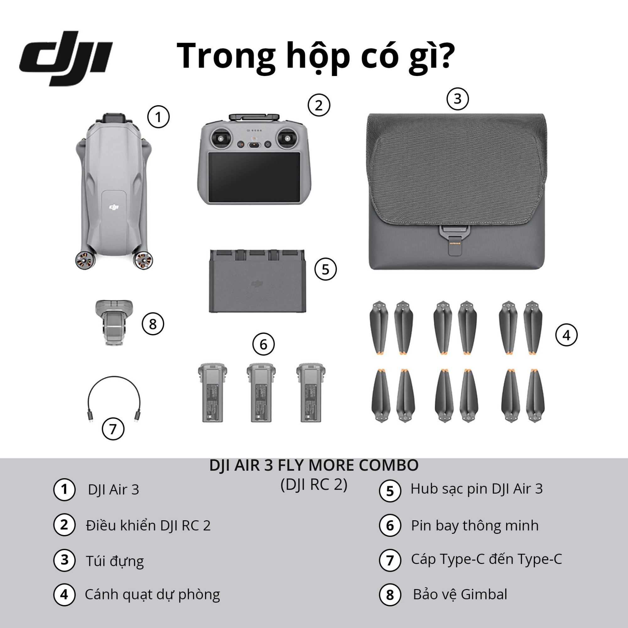 Flycam DJI Air 3 Fly More Combo kèm điều khiển có màn hình (DJI RC 2) camera kép quay video chất lượng 4K HDR - Hàng chính hãng