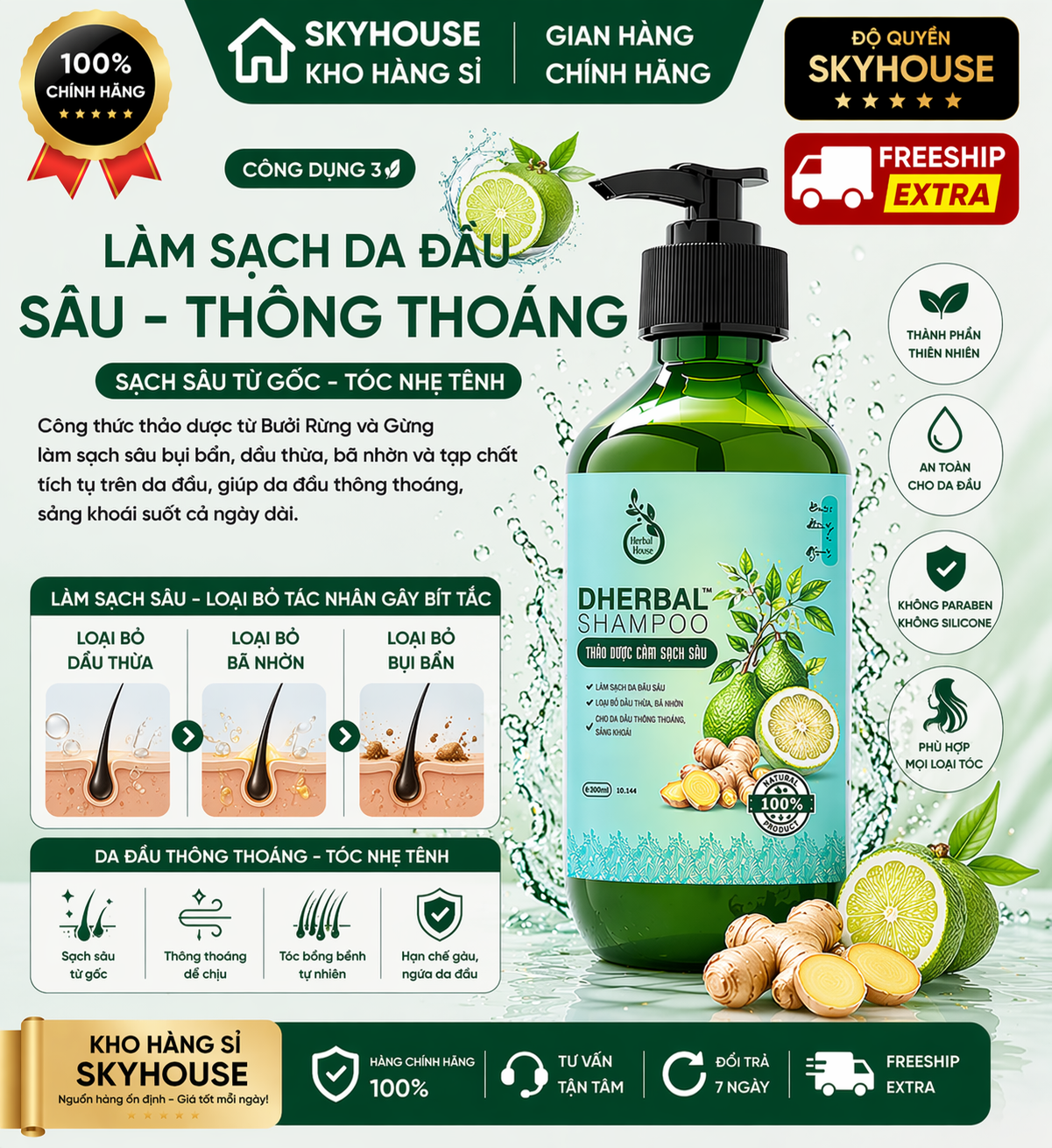 Dầu gội thảo dược tinh chất bưởi rừng gừng độc quyền DHERBAL chai 300ml  giảm gãy rụng cải thiện mọc tóc chính hãng