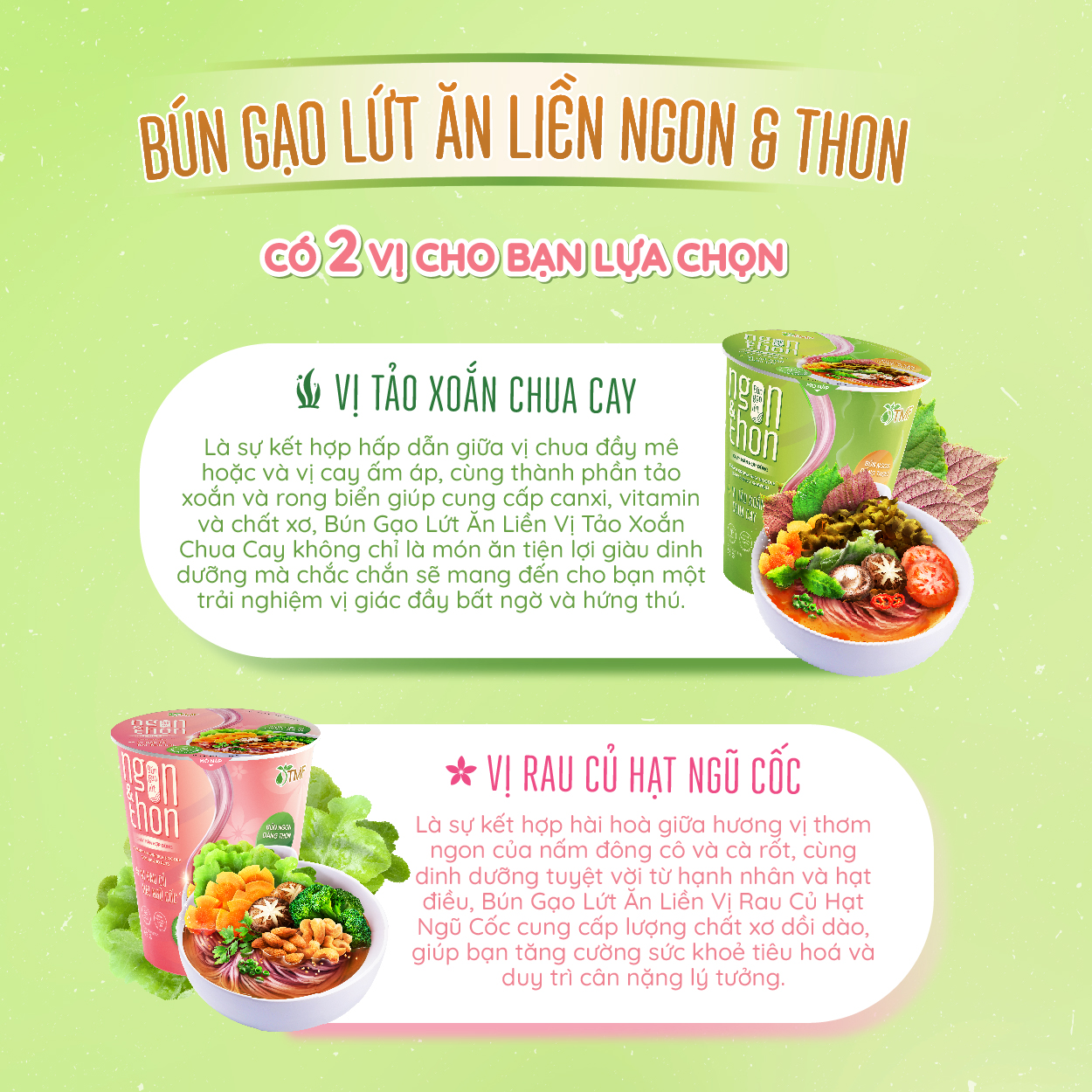 Thùng bún gạo lứt ăn liền NGON & THON - Vị tảo xoắn chua cay