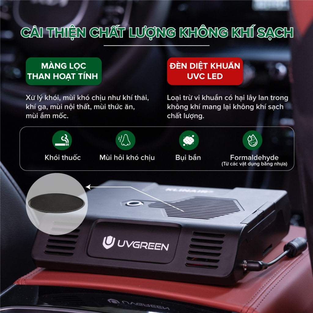 Máy Lọc Không Khí Diệt Khuẩn Ô Tô UVGREEN KA100 - Khử Mùi, Lọc Bụi, Lõi Than Hoạt Tính - Hàng chính hãng