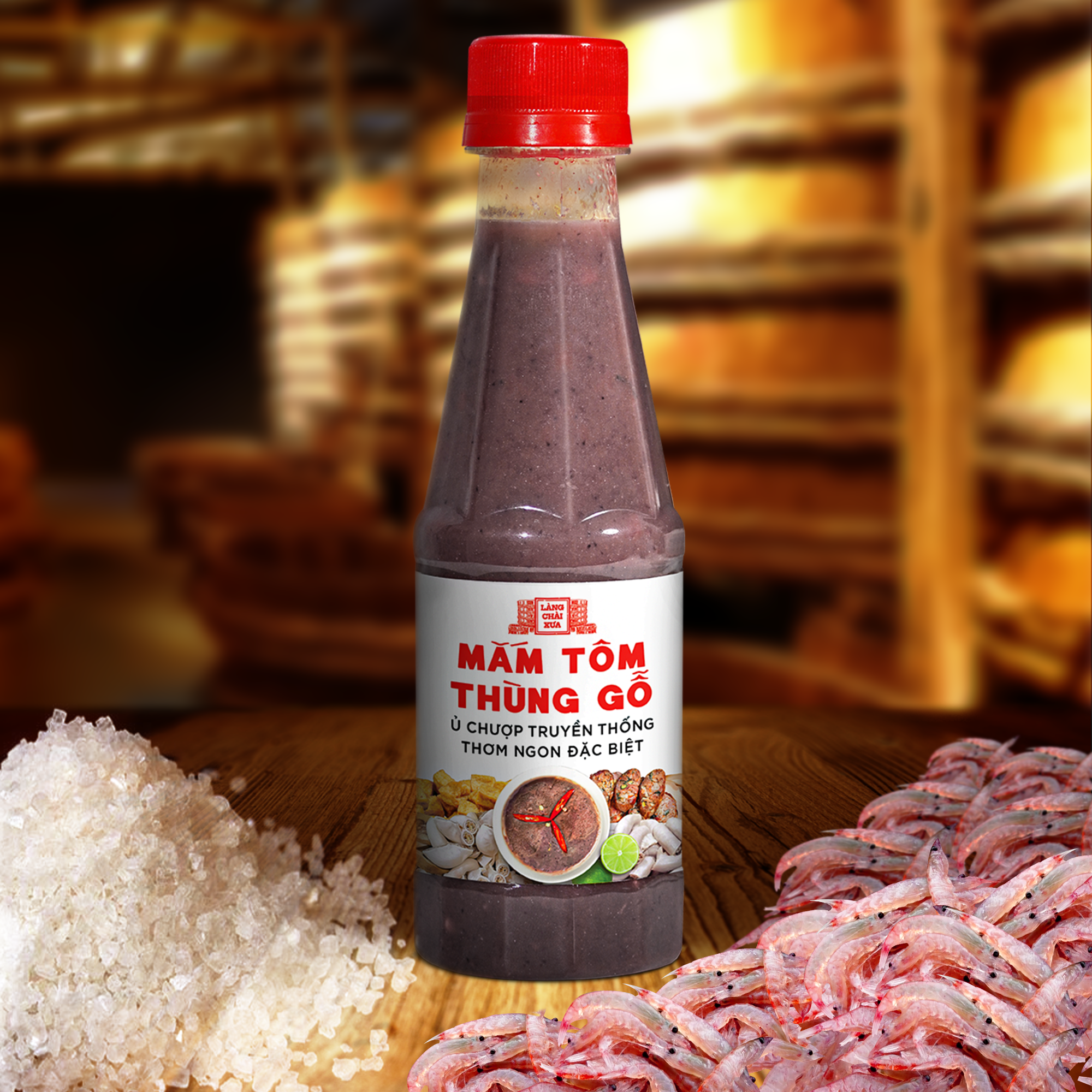 Mắm tôm thùng gỗ Làng Chài Xưa nguyên liệu tôm tép tươi, thơm ngon đặc biệt chai 260g